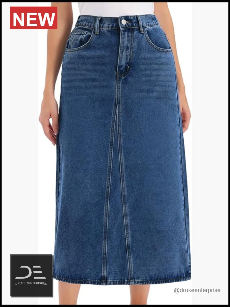 High Waist A Line Midi Denim Skirt With Pockets And Back Slit